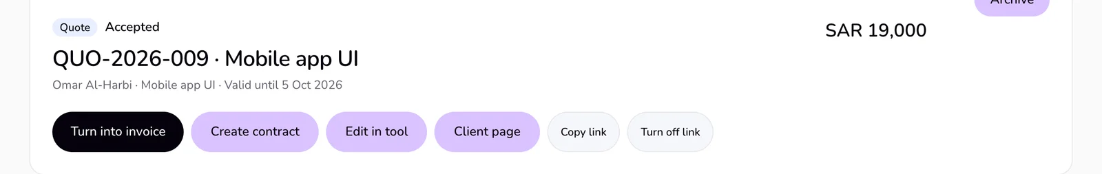 The page of an accepted quote in Documents with the Turn into invoice and Create contract buttons.