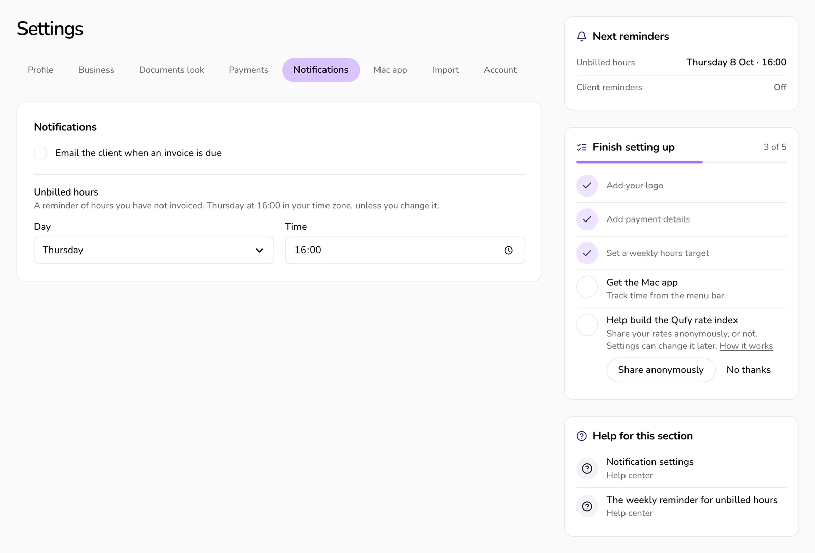 Settings with Notifications chosen: the client reminder checkbox, and the Unbilled hours day and time.