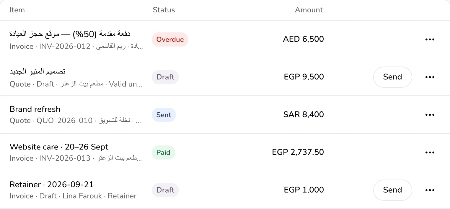 The Documents list: each row with its status, amount, one button such as Turn into invoice or Send, and the ⋯ button at the end.