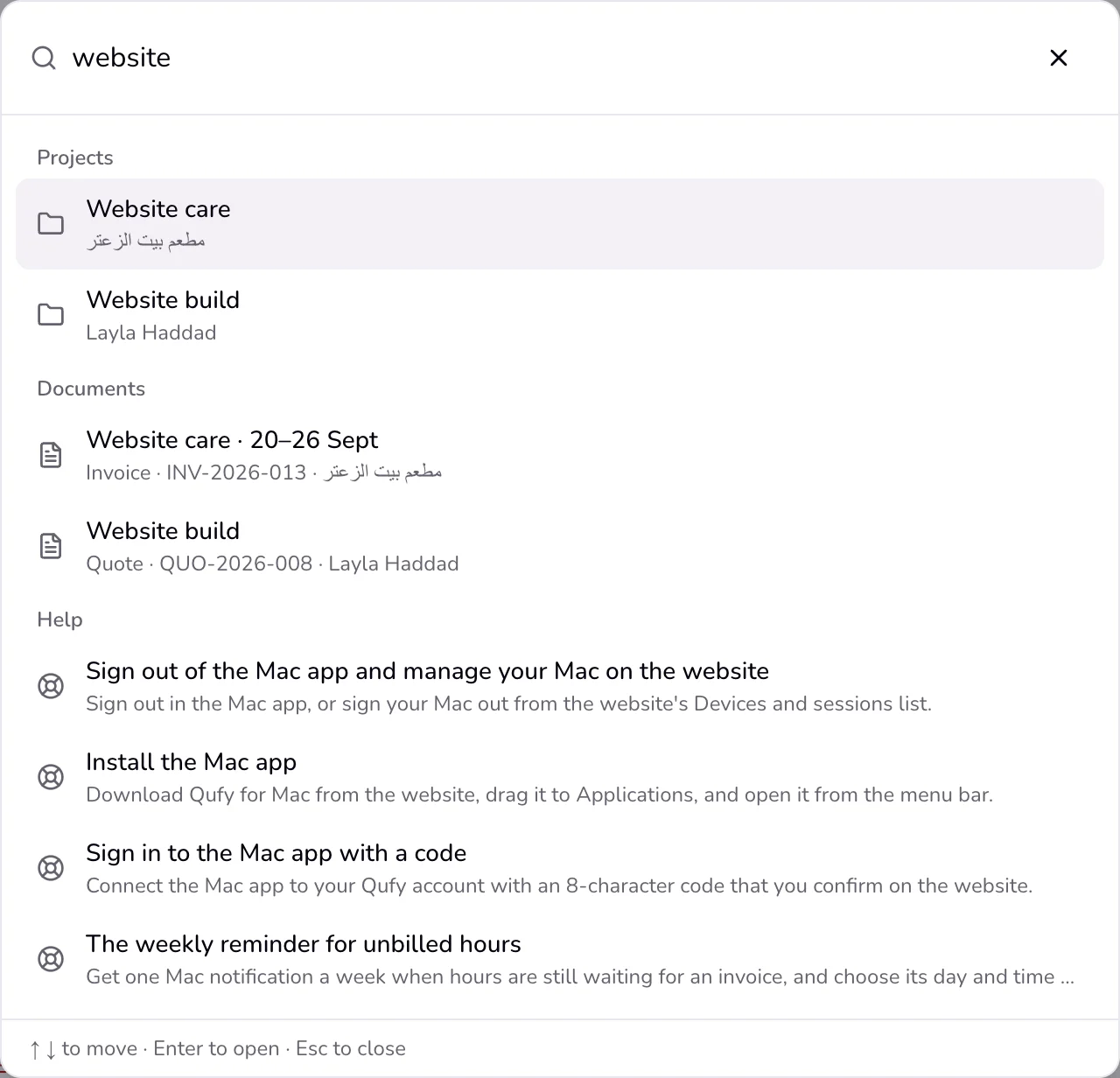 The search panel with results grouped under Clients, Projects, Documents, and Help, and the keys line at the bottom.