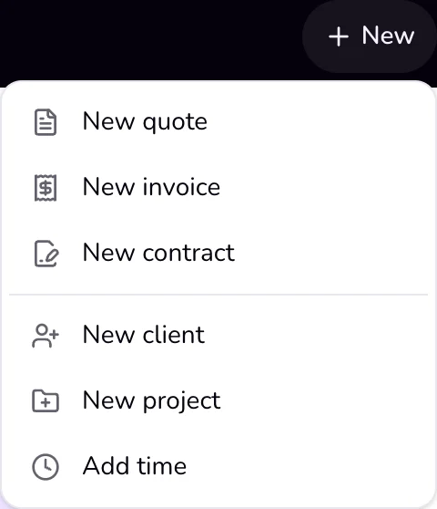 The New menu open under the top bar with New quote, New invoice, New contract, New client, New project, and Add time.