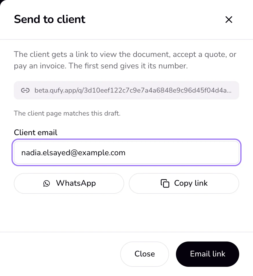 The Send to client panel beside an invoice, with the Client email field, the WhatsApp and Copy link buttons, and Email link at the bottom.