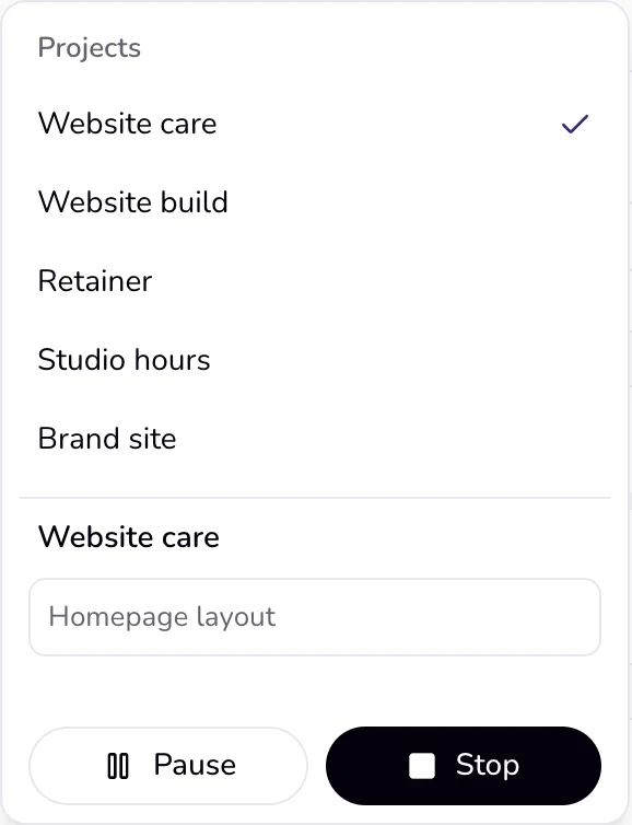 The timer menu while the timer runs: the projects list, the running project with a note typed in the field, and the Pause and Stop buttons.