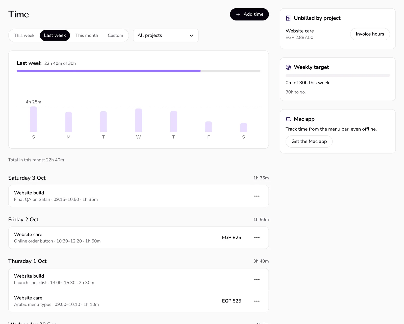 The Time page: Add time at the top, the range and project filters, the week chart, and Unbilled by project, Weekly target, and Mac app at the side.