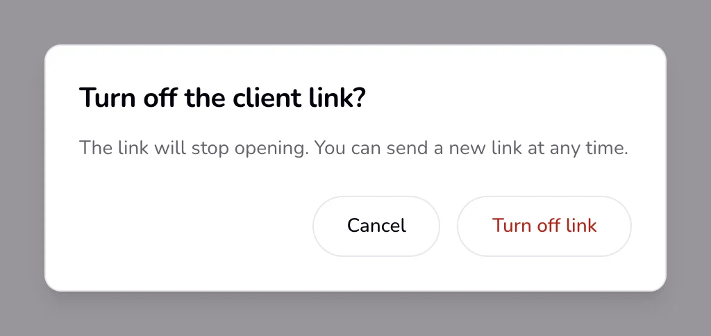 The document page with the Turn off the client link? dialog open over it.