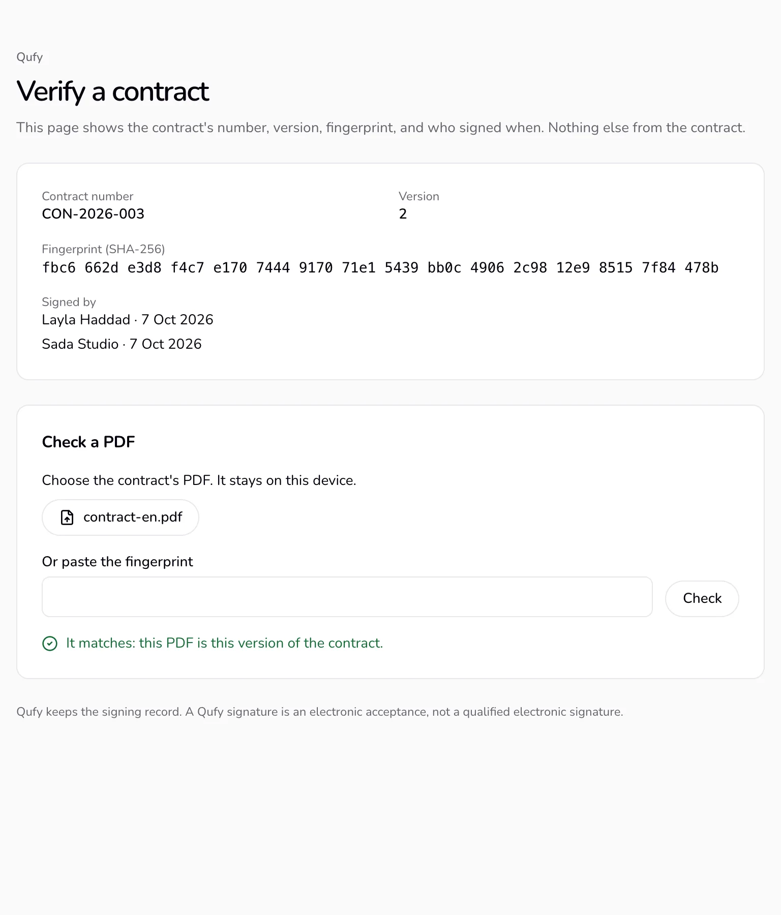 The verify page: contract number, version, fingerprint, signers, and a matching PDF.