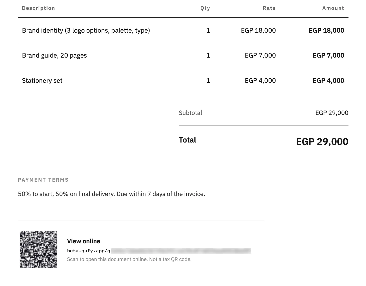 The end of a quote PDF: the totals, the payment terms and notes, then View online with the QR and the link.