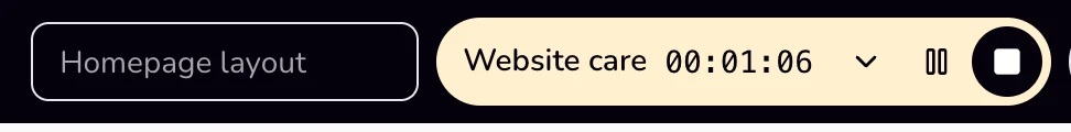 The running timer in the top bar: the note field, the project name, the time, the arrow, and the pause and stop buttons.