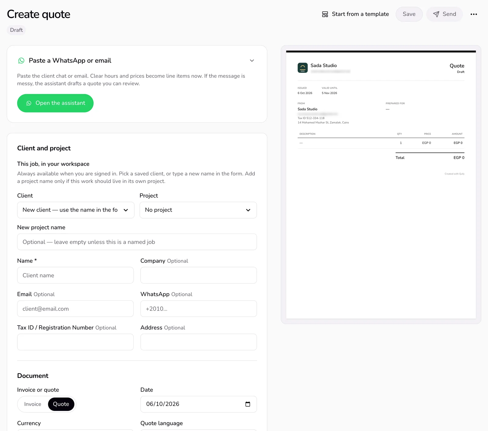 The top of the quote editor: the Create quote title with the Draft badge, the Start from a template, Save, Send, and More buttons, and the Client and project card below.