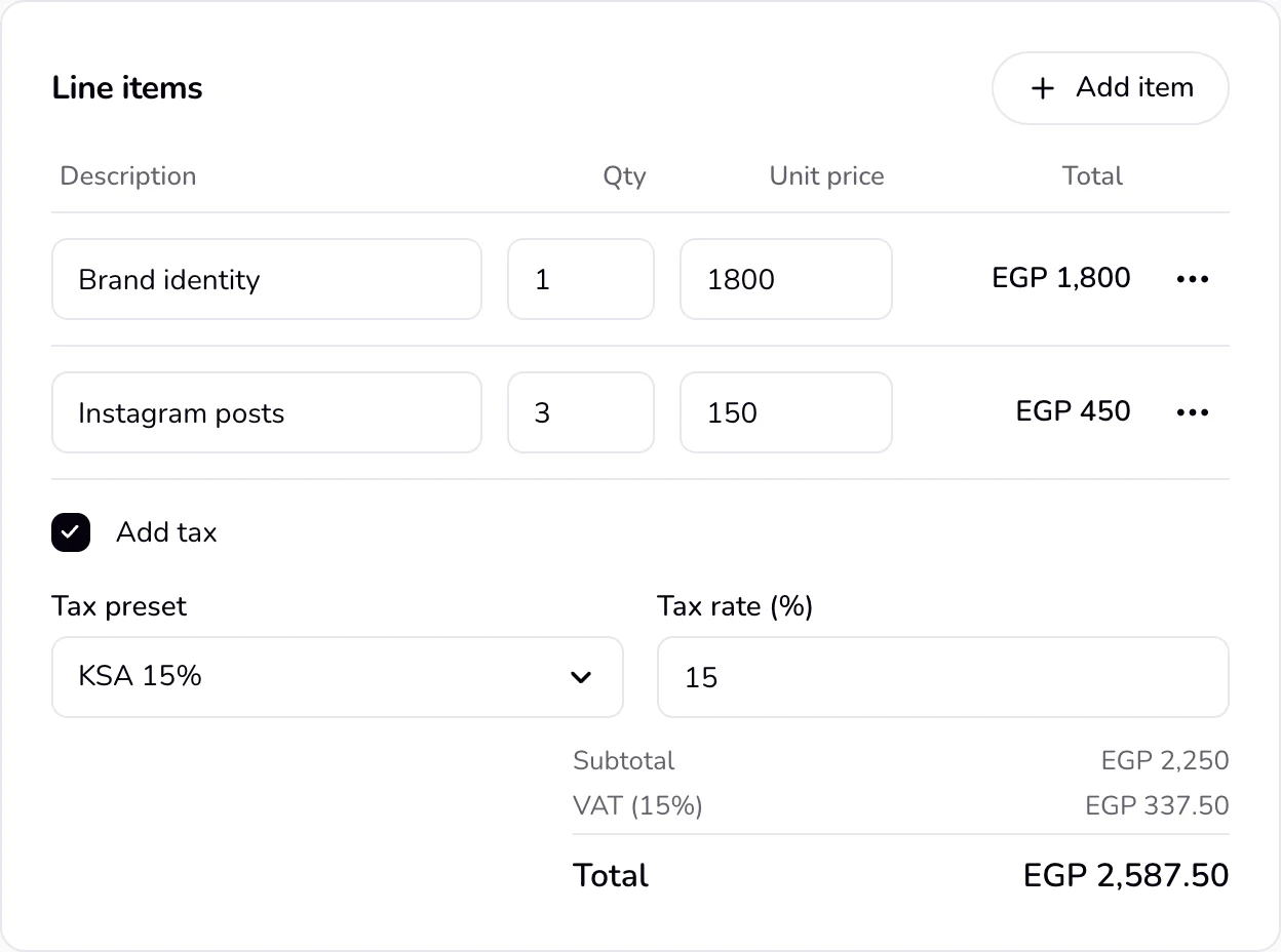 The Line items card with two lines, Add tax ticked, KSA 15% chosen as the Tax preset, and the Subtotal, VAT, and Total below.