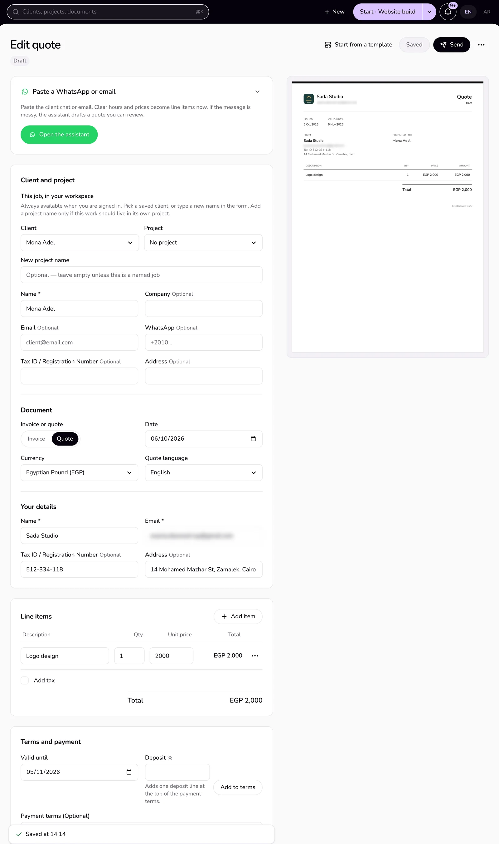The quote editor after saving: the form with the bar at the bottom reading Saved at and the time, and the paper preview of the quote at the side.
